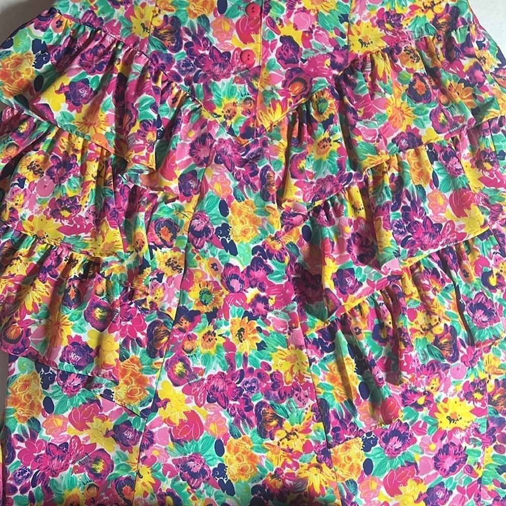 Sandy Sandy Floral Ruffle Dress Women 9/10 Multi 80s Tiered Garden Party Retro - Picture 7 of 8